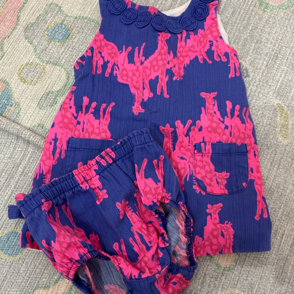 LP blue-ish purple dress with pink giraffes print shift dress